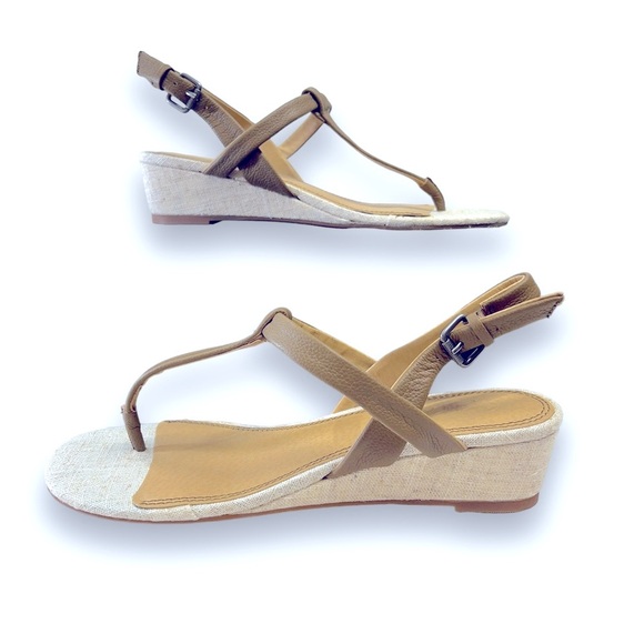 SPLENDID T Strap Beige Linen and Taupe Leather  Wedge Sandals NEW IN BOX SZ 9 - Picture 3 of 11